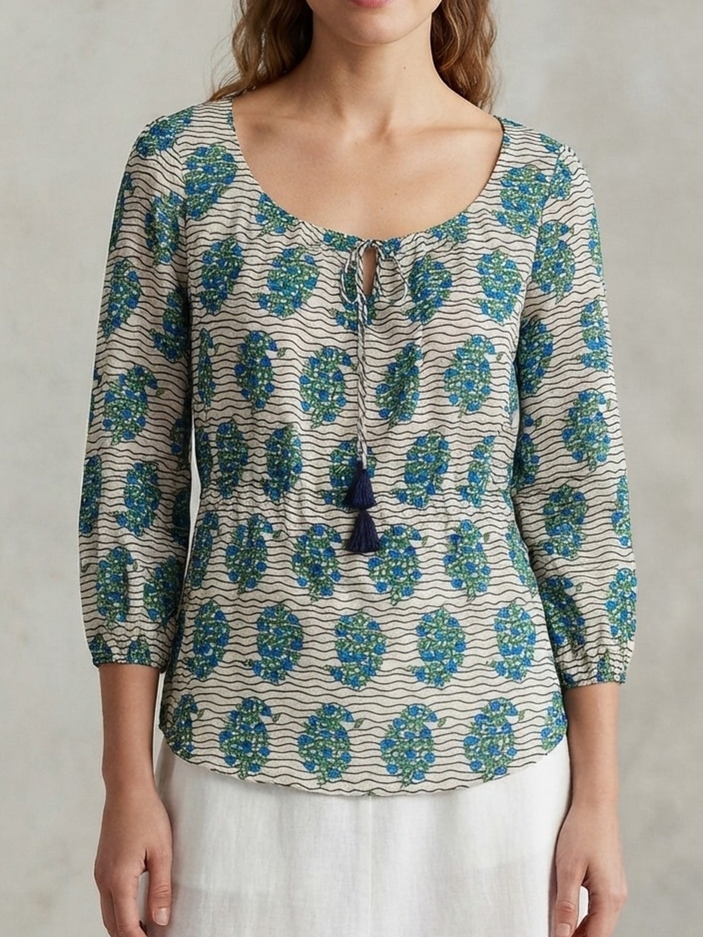 Tory Burch Scoop-Neck Floral Tassel Blouse